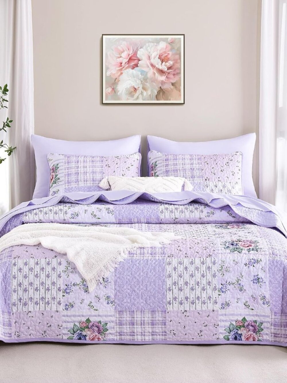 Floral Quilt Set, Patchwork Design with Flower Plaid Pattern for Country Farmhou